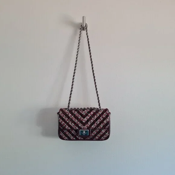 Karl Lagerfeld Agyness Tweed Crossbody Flap NWOT Convertible Wine Navy Luxury - Picture 5 of 16